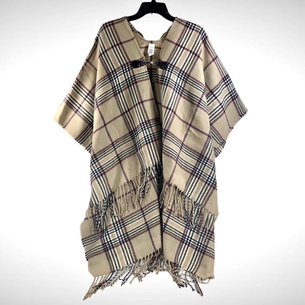 Poncho Sweater Womens One Size Cream/Black/White Plaid Front Clasp